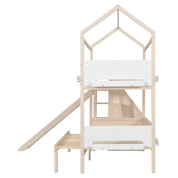 English Elm House-shaped Pine Bunk Bed with Built-in Slide Storage Staircase Twin Over Full Kids Frame Beige+White N820S00082A