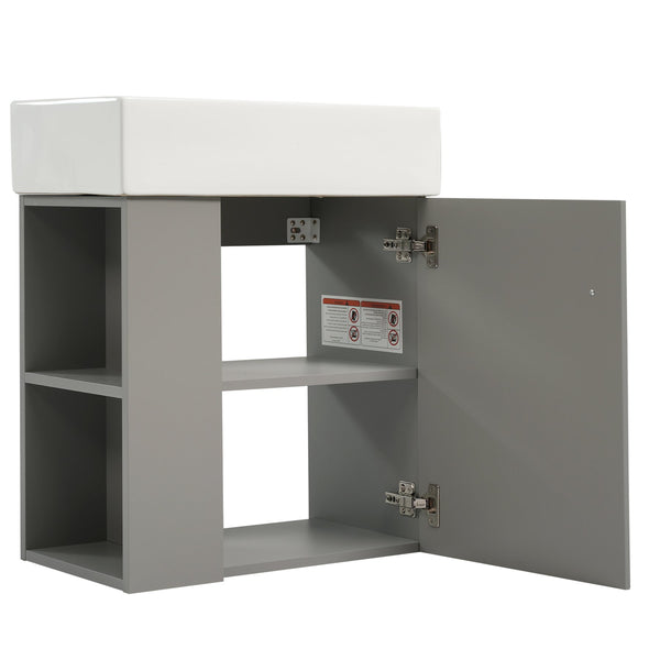 English Elm 21.6" Modern Floating Bathroom Vanity With Ceramic Sink & Open Shelving - Space-Saving Design! N729P170390E