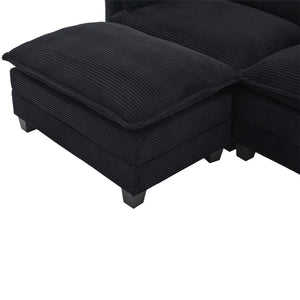 English Elm United We Win Modular Corduroy Sectional with Ottoman Low Profile Living Room Couch Black W1568S00260