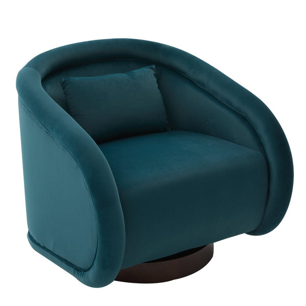 English Elm Swivel Barrel Chair Pumpkin Sculptural Velvet Upholstered with Walnut Wood Round Base Teal W3244P427742