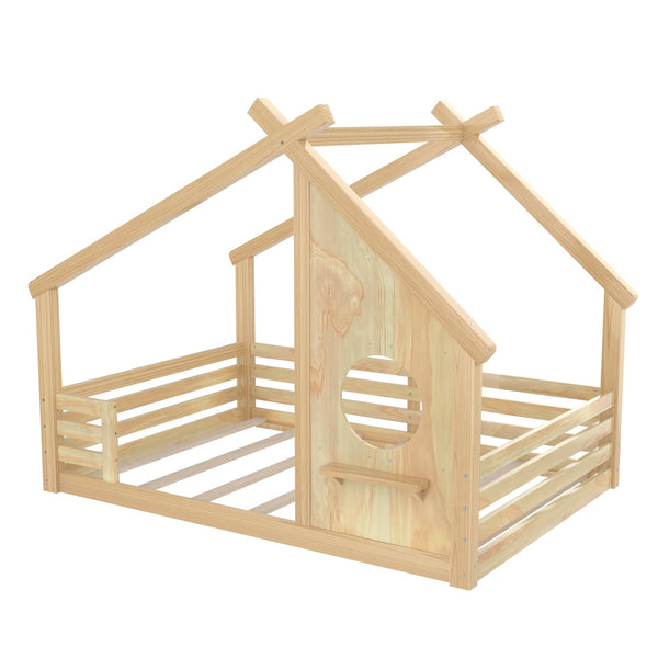 English Elm Full House Floor Bed with Roof Window and Shelf – Solid Pine Kids Loft-Style Low Bed, Durable Design Natural W1580P362703