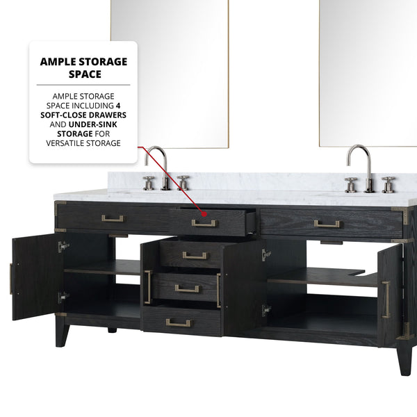 English Elm Black Oak Double Bath Vanity With Carrara Marble Top, Chrome Faucets & 2 Matching Mirrors, 84" W B2731S02193