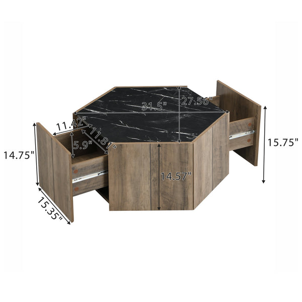 English Elm Christopher Knight Home® - Hexagonal Rustic Retro Wood Coffee Table with 2 Hidden Drawers, Textured Marble Tops, Oak Finish Black,Light Brown N770P309823L