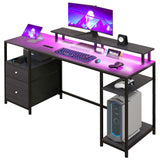 English Elm Homcom 61" Computer Desk With Led Lights, Power Outlets, and Usb Ports, Gaming Desk With Storage Shelves, Monitor Stand, Fabric Drawers & Remote For Home Office Study, Distressed Black