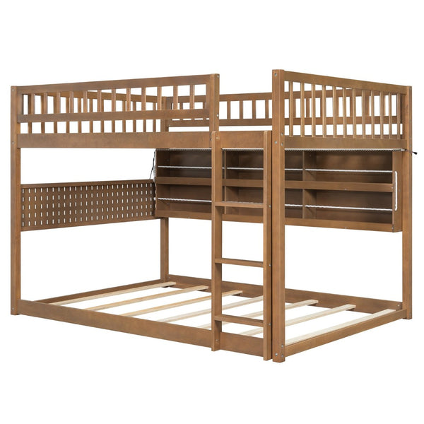 English Elm Full Over Bunk Bed with Led Lighting Pegboard Shelving and Pine Wood Frame Brown LT000278AAP