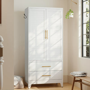 English Elm White Steel Freestanding Wardrobe Cabinet with Rod and Shelves for Dorm or Apartment T2398P480393