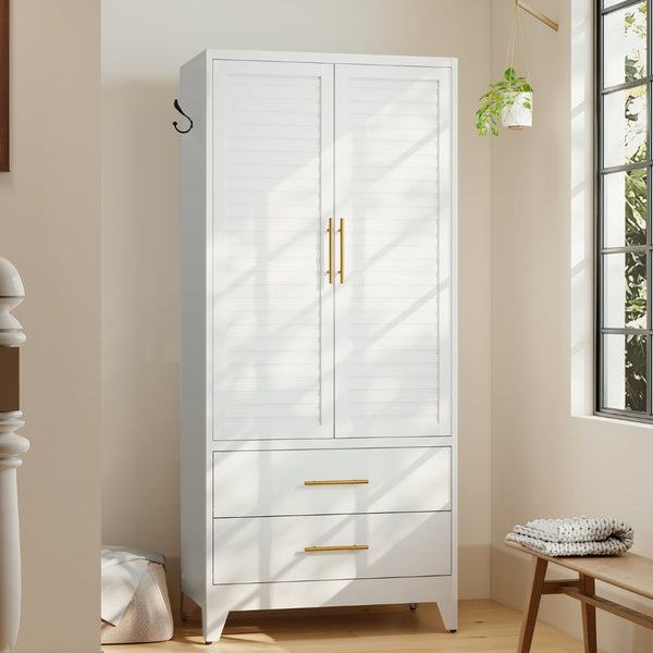 English Elm White Steel Freestanding Wardrobe Cabinet with Rod and Shelves for Dorm or Apartment T2398P480393