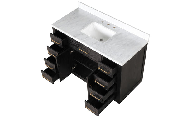 English Elm Black Oak Single Bath Vanity 48in W x 22in D with Carrara Marble Top, Solid Wood, Soft-Close Drawers and Fully Assembled for Easy Installation B2731P260821