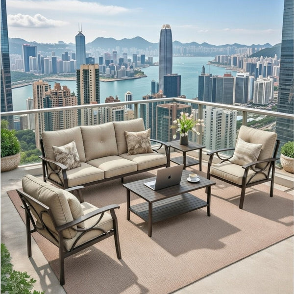 English Elm 5-piece Outdoor Conversation Set with Steel Frame Weather Resistant Cushions Patio Seating Beige B082S00122