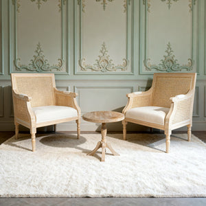 English Elm French Accent Chair Beige Upholstered Rattan Back Armchair — Vintage Solid Wood Reading Seat for Homes W3426P394275