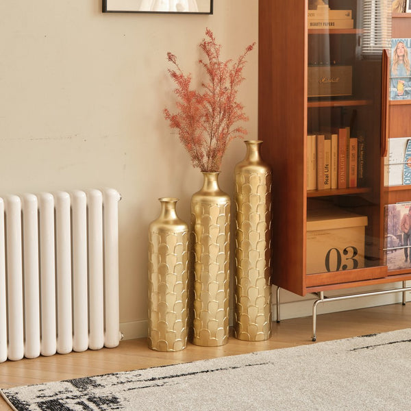 English Elm Floor Metal Vases Set Of 3 - Elegant Tall Decor With White And Gold Accents For Modern Interiors W2796P237520