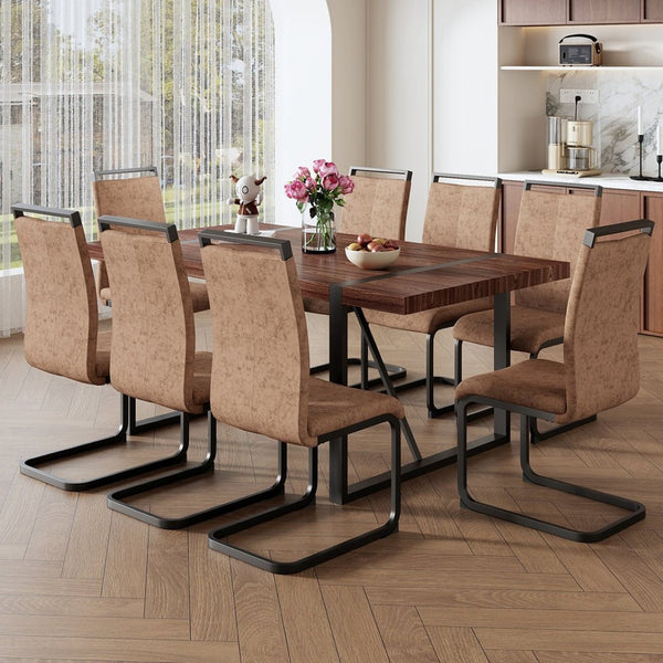 English Elm Table Set – Industrial Walnut Dining Table With 8 Brown Tech Fabric Chairs & Black Metal Legs, 71"X39" W1151S02440-GIGA