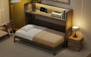 English Elm Twin XL Murphy Bed with Desk, LED Lighting and USB Charging Station — Space-Saving Solid Pine Design Gray Wash N7090005001N