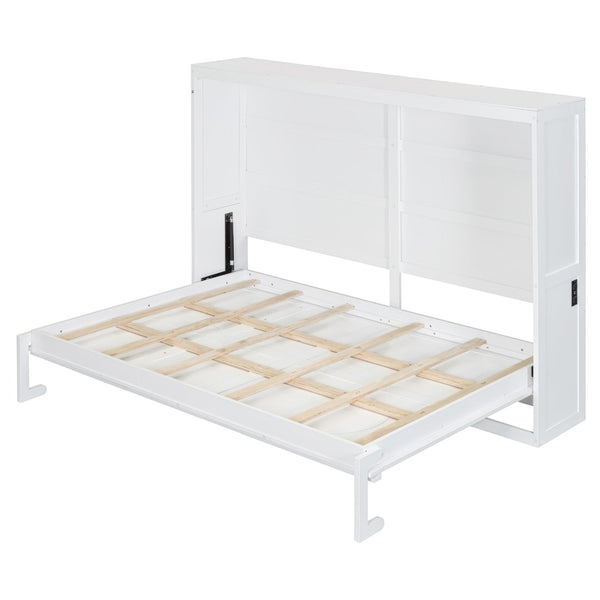 English Elm Full Size Murphy Wall Bed with Rattan Panel Cabinet for Studio and Guest Rooms White N708S00011K-1