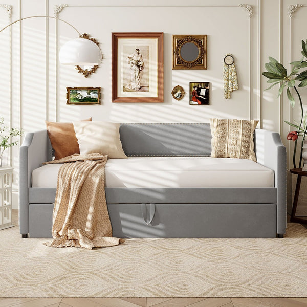 English Elm Twin Velvet Upholstered Daybed with Pop up Trundle for Guest or Kids Rooms Gray SF000197AAE