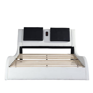 English Elm Faux Leather Queen Platform Bed with Rgb Lighting Bluetooth Speaker Massage Headboard W2297S00027