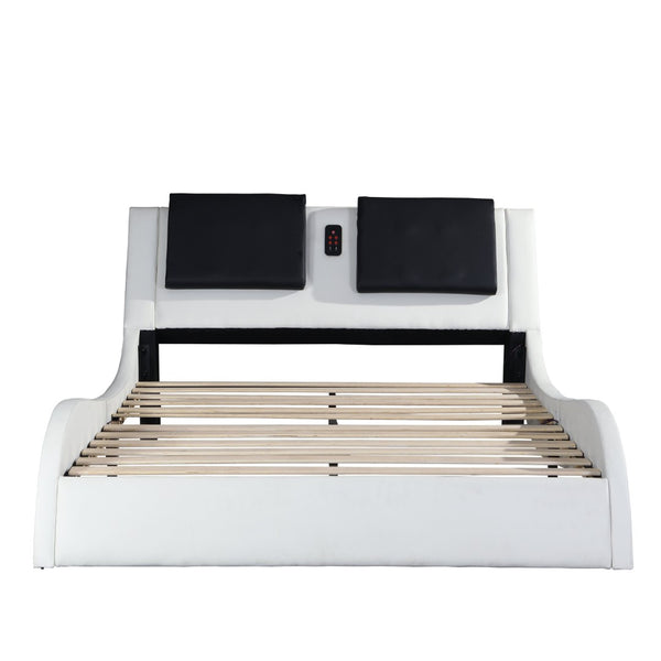 English Elm Faux Leather Queen Platform Bed with Rgb Lighting Bluetooth Speaker Massage Headboard W2297S00027