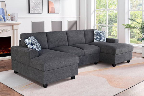 English Elm Multifunctional Corduroy Modular Sectional with Dual Chaise Cup Holders Living Room Dark Gray B2730S00077