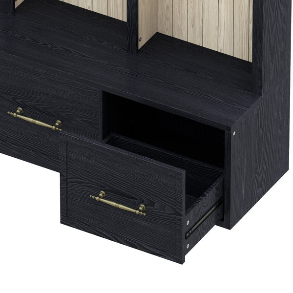 English Elm Farmhouse Hall Tree with Arched Panels Bench Drawers and Hooks for Mudroom Entryway Black W5271S00005