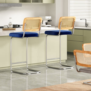 English Elm Counter Height Bar Stools Set Of 2 - Chic Royal Blue Velvet With Rattan Back For Modern Spaces T3623P360717