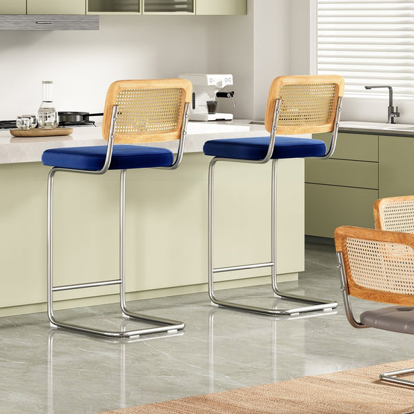 English Elm Counter Height Bar Stools Set Of 2 - Chic Royal Blue Velvet With Rattan Back For Modern Spaces T3623P360717