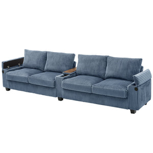 English Elm 4-seater Corduroy Sofa with USB Ports, Flip-Top Cup Holders, Hidden Arm Storage & Ultra-Deep Seats Blue N719S001990C