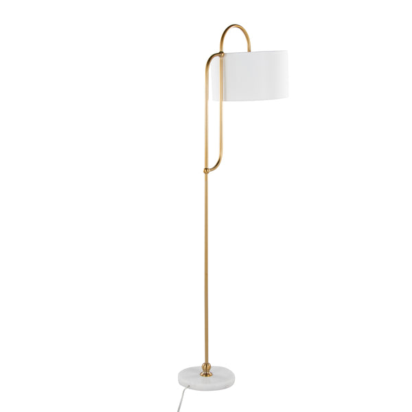 English Elm Leslie Gold Art Deco Floor Lamp with White Marble Base and Linen Drum Shade, 63" Glam Accent B202P224140
