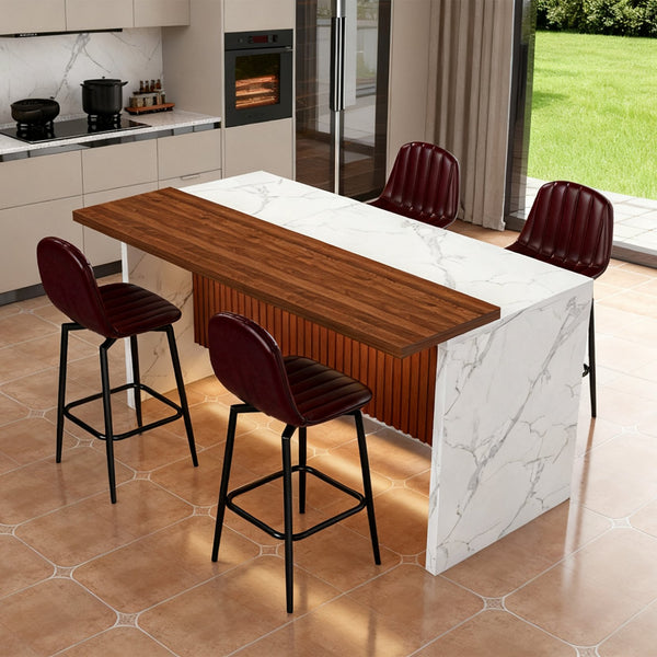 English Elm 63-Inch Modern Kitchen Island Set With 4 Dark Brown Bar Stools - Elegant Marble Surface & Led Glow W2699S00069