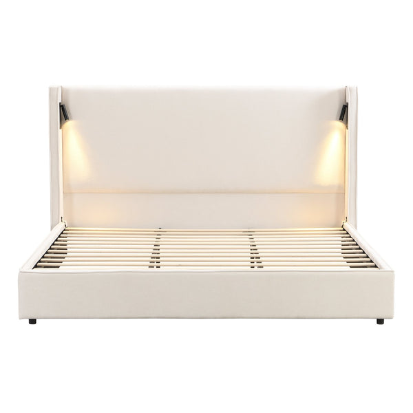 English Elm Christopher Knight Home® - King Size Upholstered Bed Frame With Wingback Headboard, Usb Charging & Adjustable Reading Lamp N757P235229B