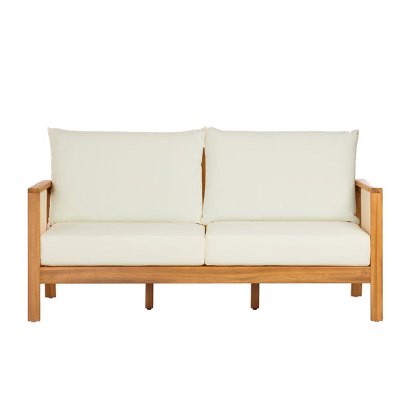 English Elm 2 Piece Outdoor Acacia Wood Loveseat and Coffee Table Set with Textilene Weave Cushions Brown,Teak+ Beige N768P368824T