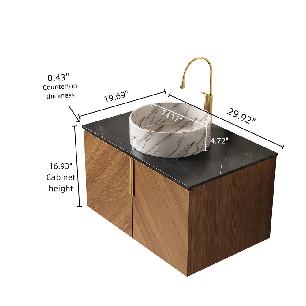 English Elm 30" ARAI Black Countertop with Brown Oak Double-Door Cabinet, Sintered Stone Top, Brushed Gold Handles W2615P279356