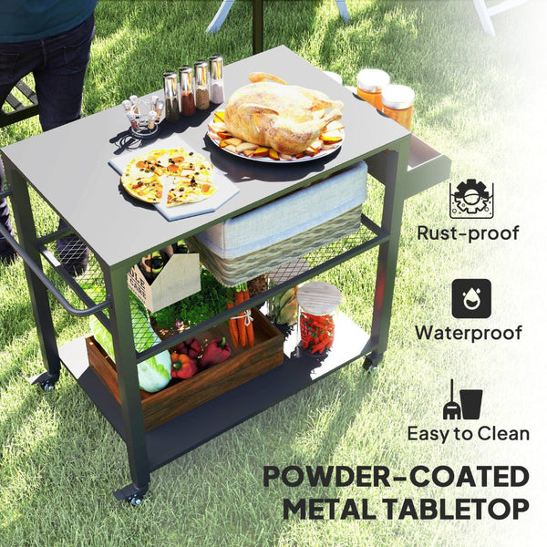 English Elm Movable Powder Coated Steel Grill Cart with Three Tier Storage and Locking Swivel Casters T3971P425267