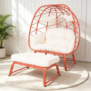 English Elm Double Egg Chair Wicker Outdoor Lounge Set with Ottoman and Weather Resistant Cushions T5880P501489