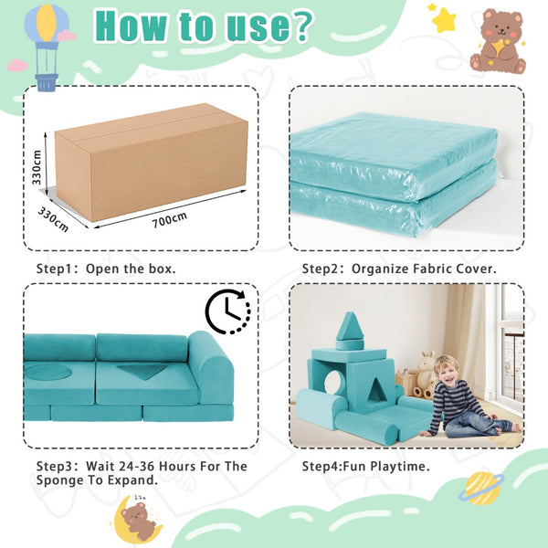 English Elm 11pcs Modular Foam Play Couch Set for Kids Velour Washable Toddler Playroom Builder Cyan T5880P493425