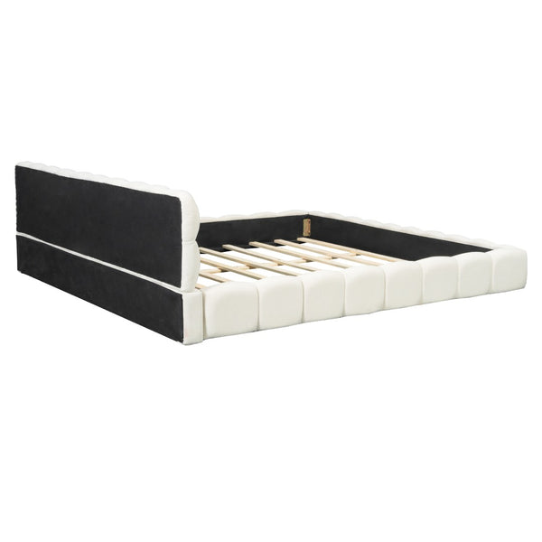 English Elm King Channel Stitched Linen Platform Bed Low Profile Contemporary Upholstered Frame Beige N737P387605A