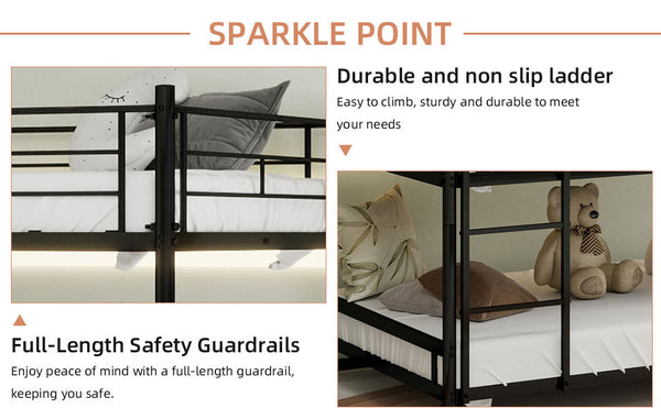 English Elm Heavy-duty triple bunk bed frame with built-in ladder, full guardrails, metal slats, space-saving design Black W1935P330699