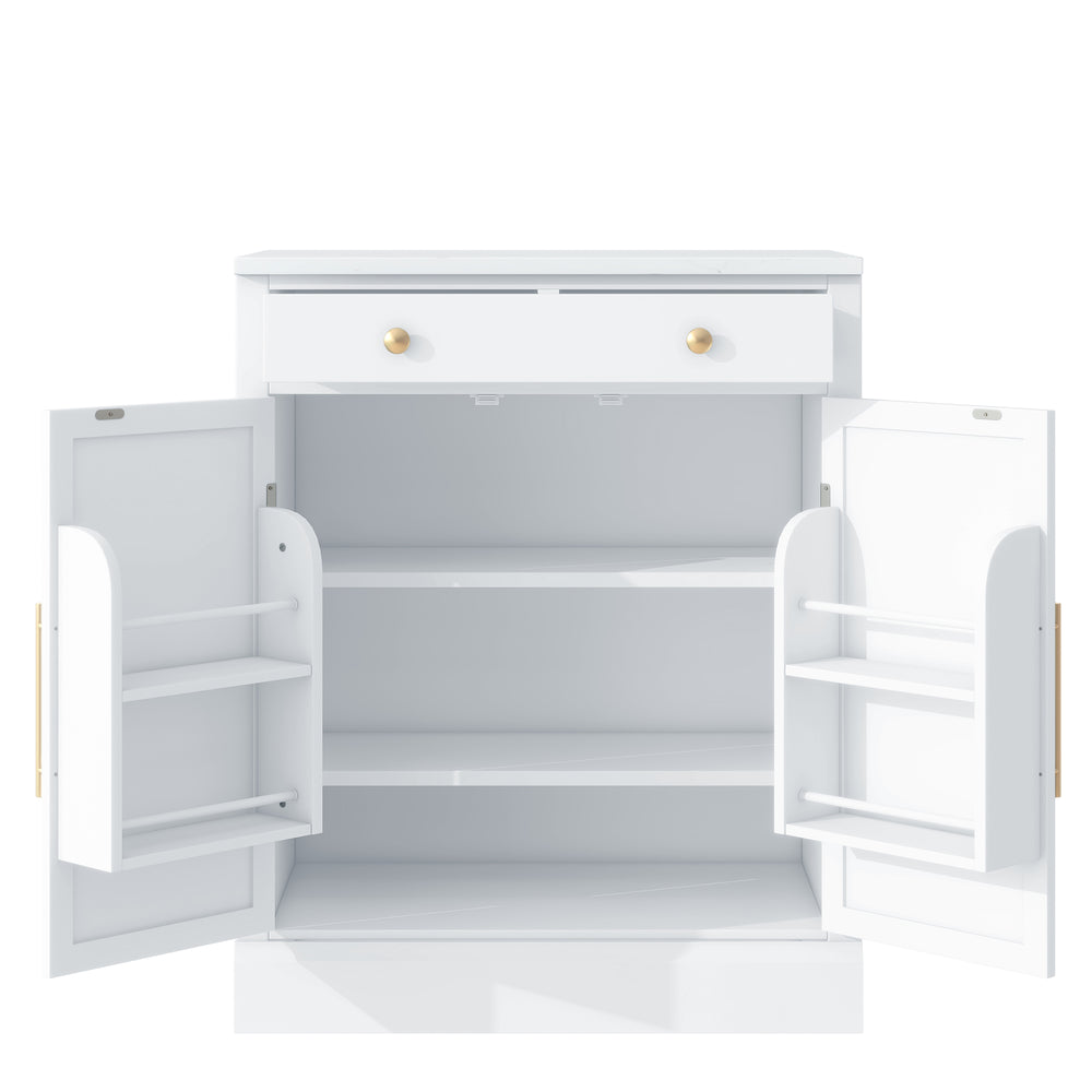 English Elm [Assembly Modern Freestanding Kitchen Pantry with Faux Marble Top, Set of 2 Cabinets with Drawer, Adjustable Shelves, Sleek Durable Design for Dining Room and Coffee Bar White SP000074AAK