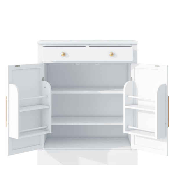 English Elm [Assembly Modern Freestanding Kitchen Pantry with Faux Marble Top, Set of 2 Cabinets with Drawer, Adjustable Shelves, Sleek Durable Design for Dining Room and Coffee Bar White SP000074AAK