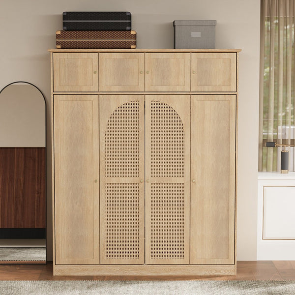 English Elm 70.87"tall Rattan Door Armoire Freestanding Wardrobe with Adjustable Shelves Hanging Rod Natural W757S00054