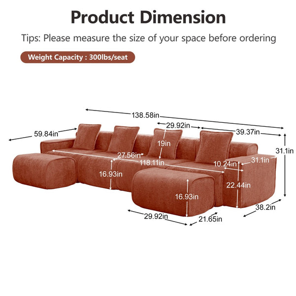 English Elm Streamlined Modular U-shape Sectional Velvet Sofa with Cloud Comfort and Movable Ottomans Red W3041S00363