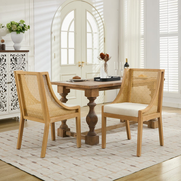 English Elm Rattan Solid Wood Dining Chair with Linen Seat and Decorative Armrests, Rustic Faux Rattan Elegance for Home Beige W1143P335052