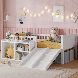 English Elm Twin Low Loft Kids Bed with Fun Slide Climbing Structure and Movable Bookshelf White W2593P437109