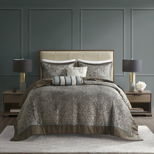 English Elm 5 Madison Park Aubrey Reversible Jacquard Bedspread Set Queen in Blue Taupe with Quilted Shams & Pillows B03597489