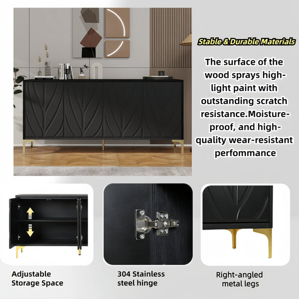 English Elm 60" Modern Handleless Sideboard Buffet Cabinet with Push-to-Open Doors, Carved Black Credenza, Adjustable Shelves, 220lb Top Load, Solid Wood MDF Storage for Living Room Entryway W2696P279985