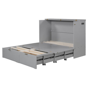 English Elm Full Size Wall Murphy Bed Cabinet with Usb Ports Drawer and Pulley Lift Gray Finish LP100770AAE