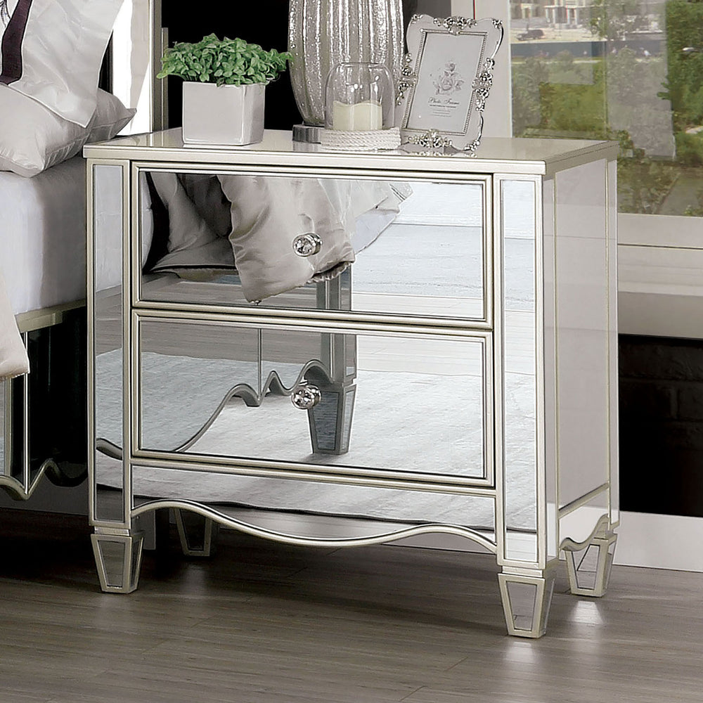 English Elm Glam Silver Finish Nightstand with Crystal Knobs, Ornate Accents & Curved Feet 28"W x 29"H B011P372217