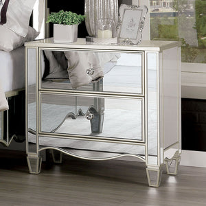 English Elm Glam Silver Finish Nightstand with Crystal Knobs, Ornate Accents & Curved Feet 28"W x 29"H B011P372217