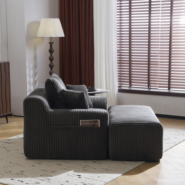 English Elm Oversized corduroy chaise lounge with ottoman, plush boneless sofa, ergonomic pillows for relaxing comfort Grey W1901P278403