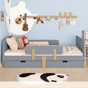 English Elm Twin Low Profile Kids Floor Bed Pine Wood Frame with Safety Rail and Built in Bookshelf Gray W1580P373243