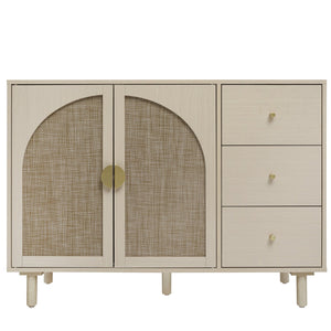 English Elm 2 Door 3 Drawer Cabinet with Engineered Rattan Finish, Pine Feet, Metal Semi-Circle Handles, Durable Natural W688134397